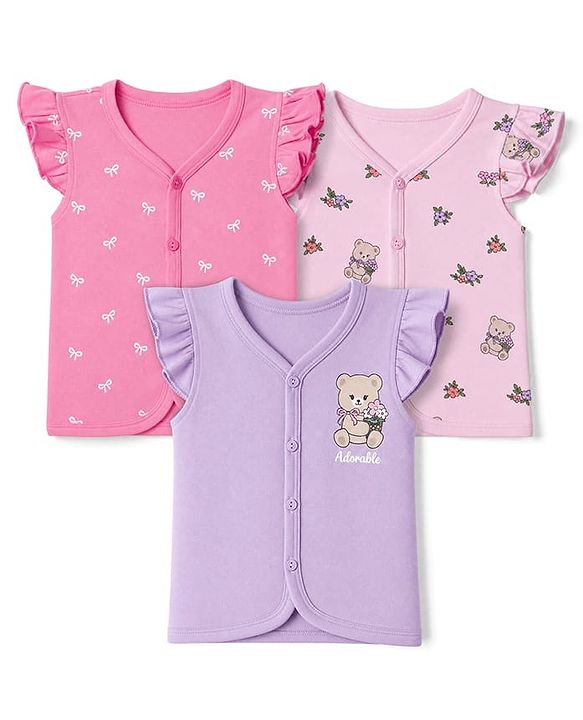 Babyhug 100% Cotton Interlock Knit Half Sleeves Front Open Jhablas With Teddy Bear & Bow Print Pack of 3 - Pink, Dark Pink & Purple