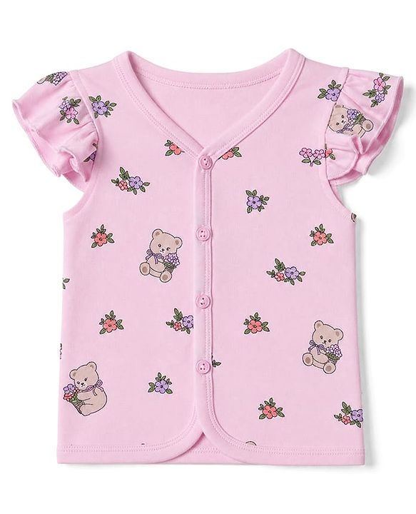 Babyhug 100% Cotton Interlock Knit Half Sleeves Front Open Jhablas With Teddy Bear & Bow Print Pack of 3 - Pink, Dark Pink & Purple