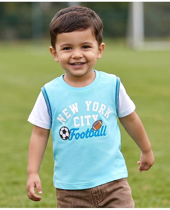Babyhug 100% Cotton Knit Half Sleeves Text Printed & Sports Theme Embroidered T-Shirt - Light Blue