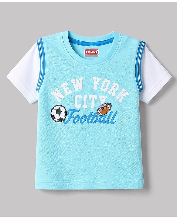 Babyhug 100% Cotton Knit Half Sleeves Text Printed & Sports Theme Embroidered T-Shirt - Light Blue