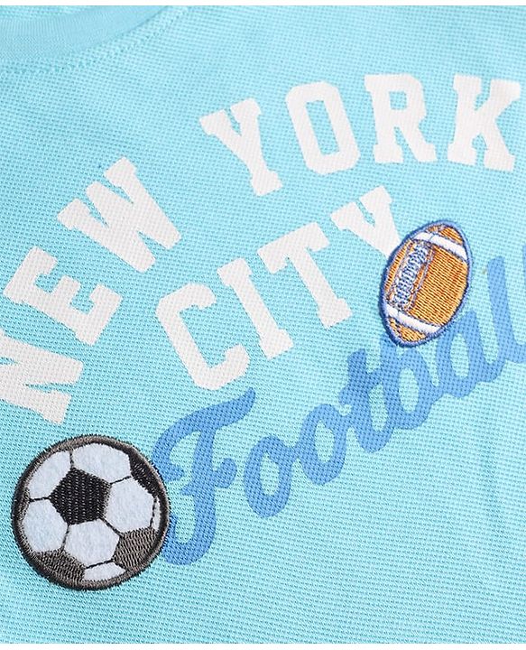 Babyhug 100% Cotton Knit Half Sleeves Text Printed & Sports Theme Embroidered T-Shirt - Light Blue