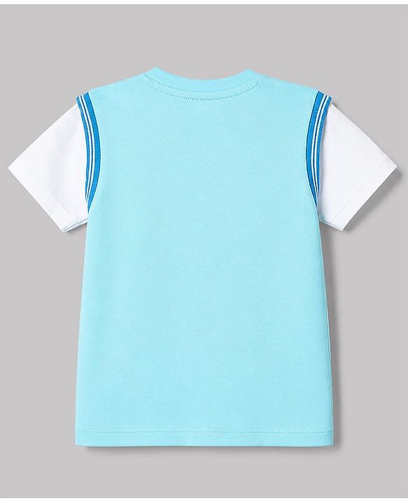 Babyhug 100% Cotton Knit Half Sleeves Text Printed & Sports Theme Embroidered T-Shirt - Light Blue