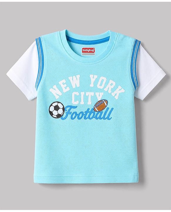 Babyhug 100% Cotton Knit Half Sleeves Text Printed & Sports Theme Embroidered T-Shirt - Light Blue