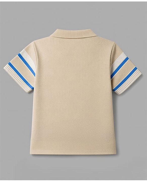 Babyhug 100% Cotton Knit Half Sleeves Polo Striped Polo T-Shirt With Teddy Bear Applique - Beige