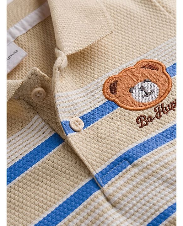 Babyhug 100% Cotton Knit Half Sleeves Polo Striped Polo T-Shirt With Teddy Bear Applique - Beige