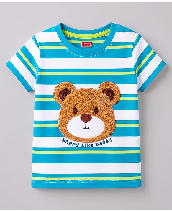 Babyhug Cotton Knit T-Shirts Half Sleeves Striped with Embroidery Detailing Multi Color 6-9 Months