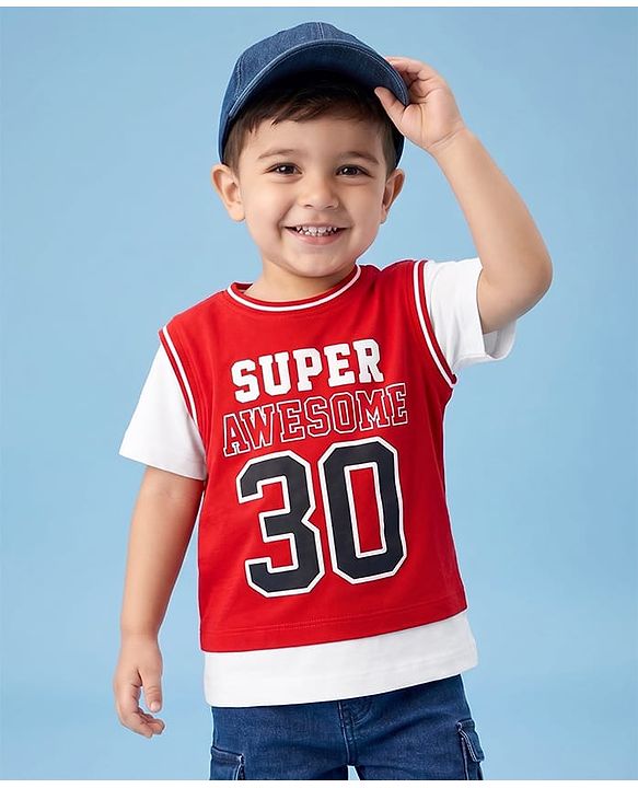 Babyhug 100% Cotton Knit Half Sleeves Text Printed T-Shirt - Red