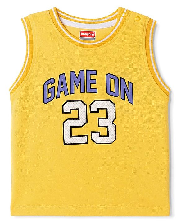 Babyhug 100% Cotton Knit Sleeveless Tank T-Shirt with Text Graphics - Yellow