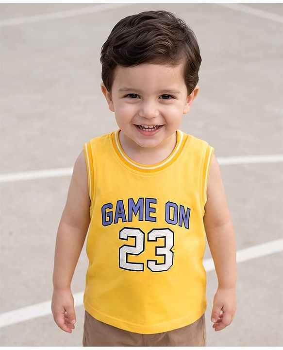 Babyhug 100% Cotton Knit Sleeveless Tank T-Shirt with Text Graphics - Yellow
