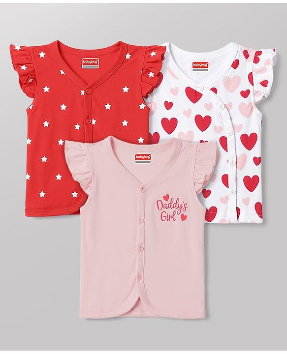 Babyhug 100% Cotton Interlock Woven Sleeveless Jhablas with Hearts & Star Print Pack Of 3 - Pink White & Red