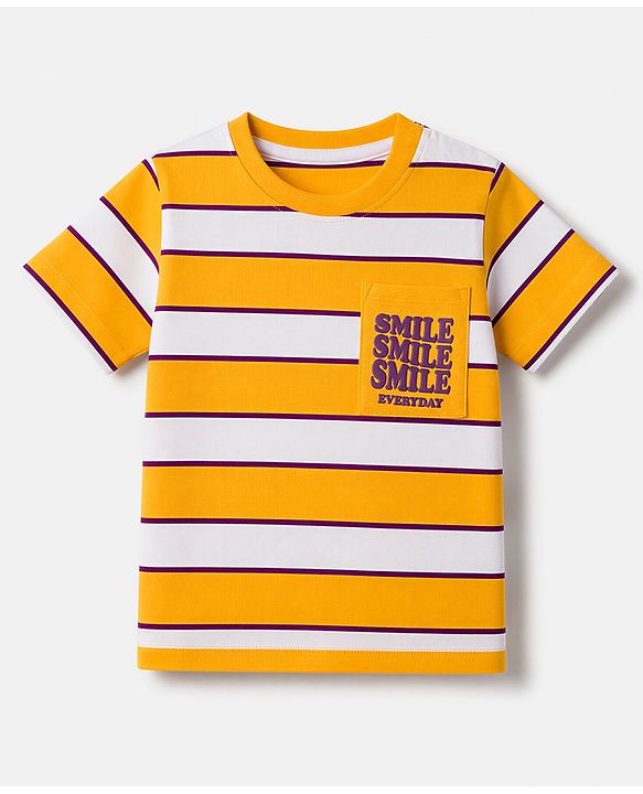 Babyhug 100% Cotton Knit Half Sleeves Striped T-Shirt with Smile Everyday Print - Mustard