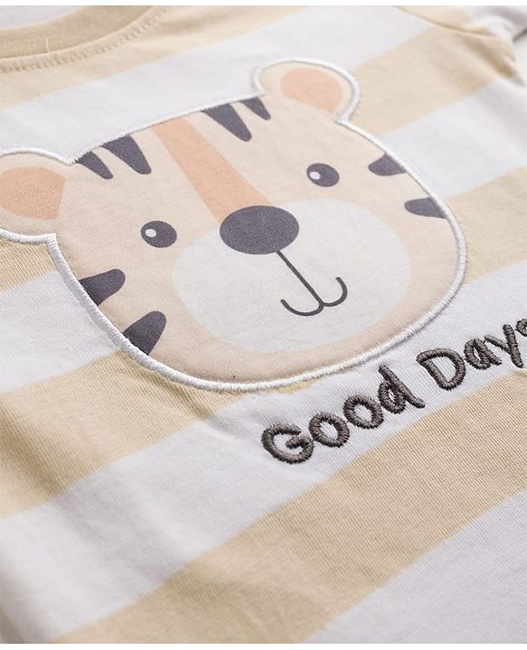 Babyhug 100% Cotton Knit Half Sleeves Striped T-Shirt with Cub Face Applique - Tan