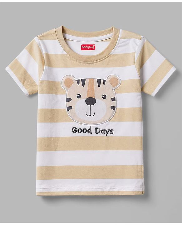 Babyhug 100% Cotton Knit Half Sleeves Striped T-Shirt with Cub Face Applique - Tan