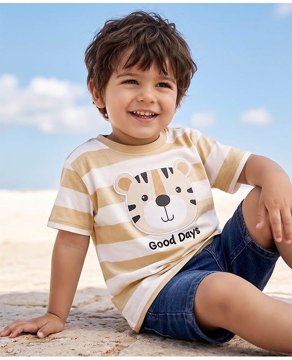 Babyhug 100% Cotton Knit Half Sleeves Striped T-Shirt with Cub Face Applique - Tan