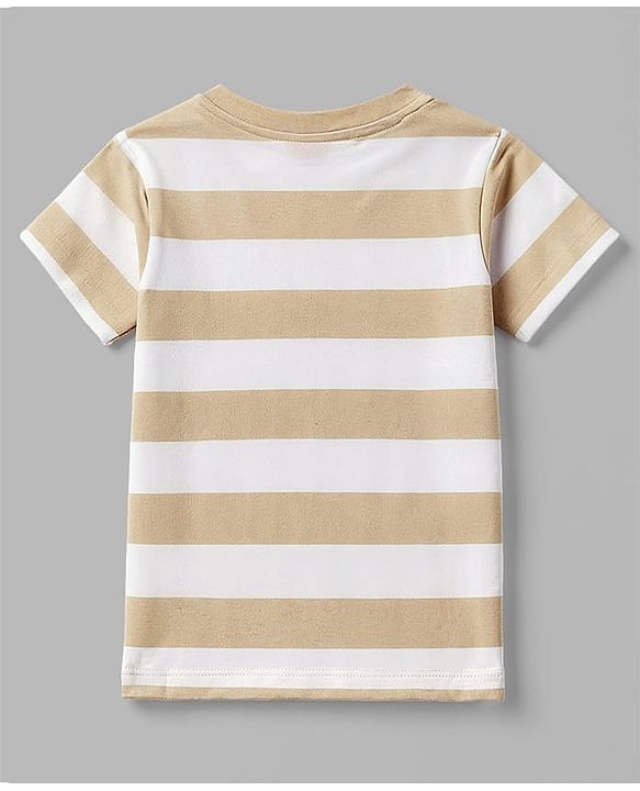 Babyhug 100% Cotton Knit Half Sleeves Striped T-Shirt with Cub Face Applique - Tan