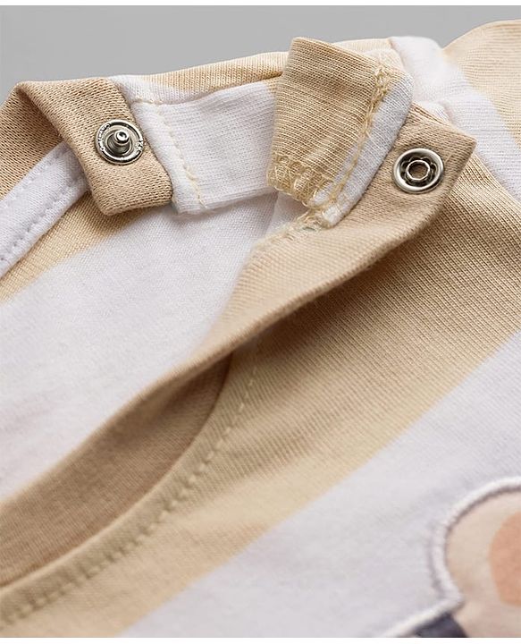 Babyhug 100% Cotton Knit Half Sleeves Striped T-Shirt with Cub Face Applique - Tan