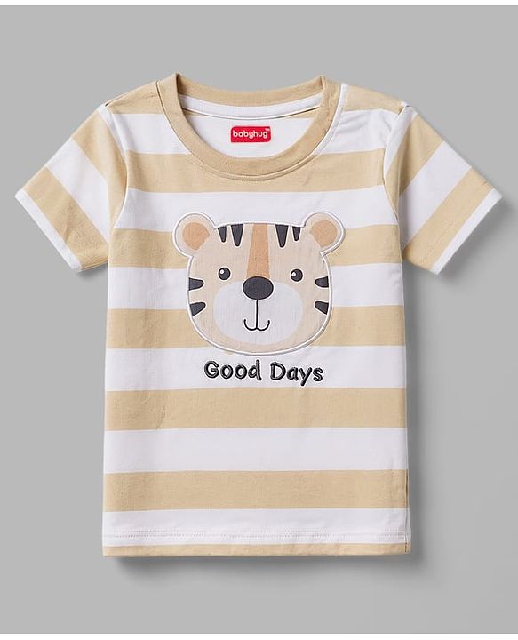 Babyhug 100% Cotton Knit Half Sleeves Striped T-Shirt with Cub Face Applique - Tan