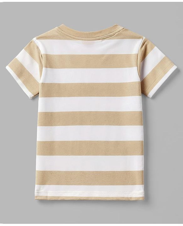 Babyhug 100% Cotton Knit Half Sleeves Striped T-Shirt with Cub Face Applique - Tan
