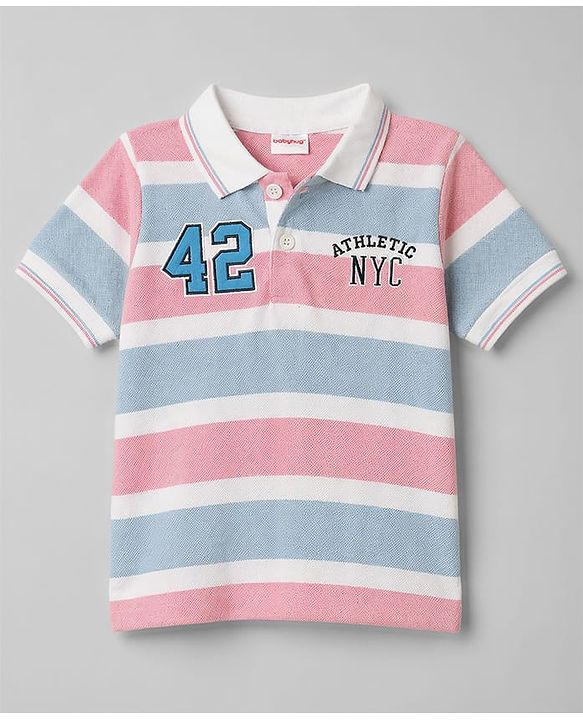 Babyhug Popcorn Knit Half Sleeves Striped Polo T-Shirt with Text Embroidery - Multicolor
