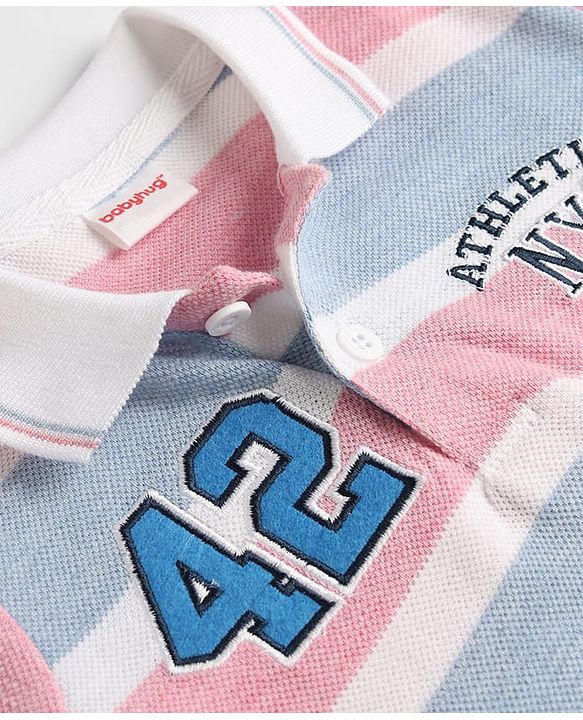 Babyhug Popcorn Knit Half Sleeves Striped Polo T-Shirt with Text Embroidery - Multicolor