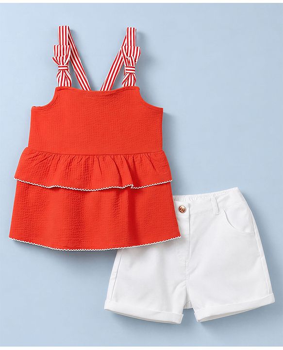 Babyhug Single Jersey Knit Sleeveless Striped Strap & Bow Applique Top & Shorts Set - Red & White