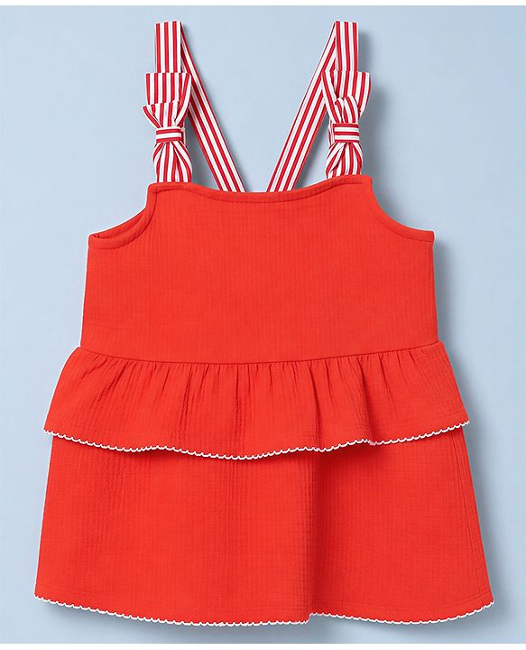 Babyhug Single Jersey Knit Sleeveless Striped Strap & Bow Applique Top & Shorts Set - Red & White