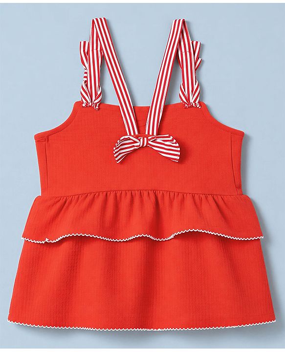 Babyhug Single Jersey Knit Sleeveless Striped Strap & Bow Applique Top & Shorts Set - Red & White