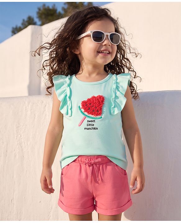 Babyhug 100% Cotton Single Jersey Knit Sleeveless Top & Shorts With Watermelon Embroidery - Green & Pink