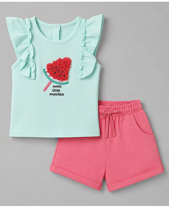 Babyhug 100% Cotton Single Jersey Knit Sleeveless Top & Shorts With Watermelon Embroidery - Green & Pink