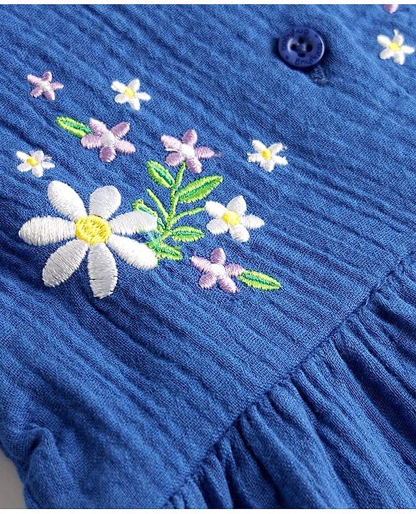 Babyhug Cotton Woven Sleeveless Top & Shorts Set With Floral Embroidery - Blue
