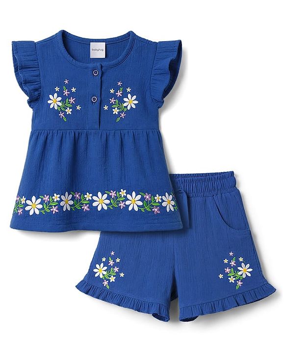 Babyhug Cotton Woven Sleeveless Top & Shorts Set With Floral Embroidery - Blue