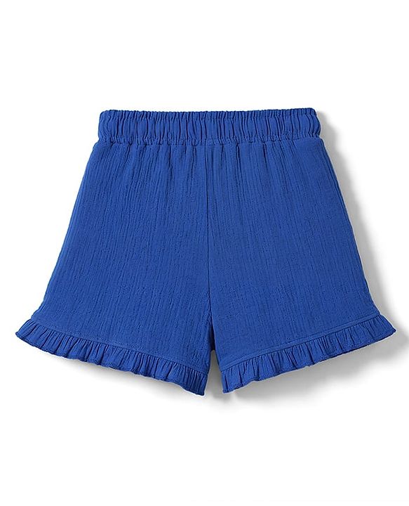 Babyhug Cotton Woven Sleeveless Top & Shorts Set With Floral Embroidery - Blue