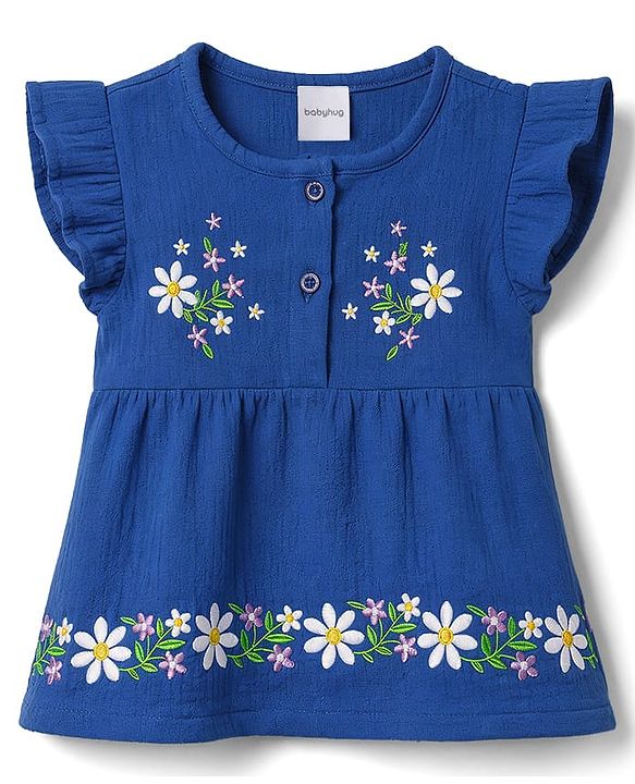Babyhug Cotton Woven Sleeveless Top & Shorts Set With Floral Embroidery - Blue