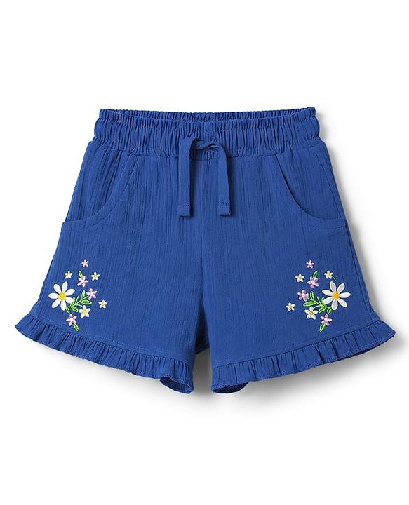 Babyhug Cotton Woven Sleeveless Top & Shorts Set With Floral Embroidery - Blue