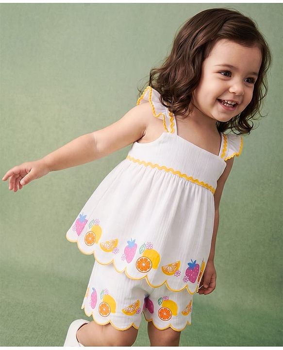 Babyhug Cotton Woven Sleeveless Tropical Theme & Floral Printed Top & Shorts Set - White