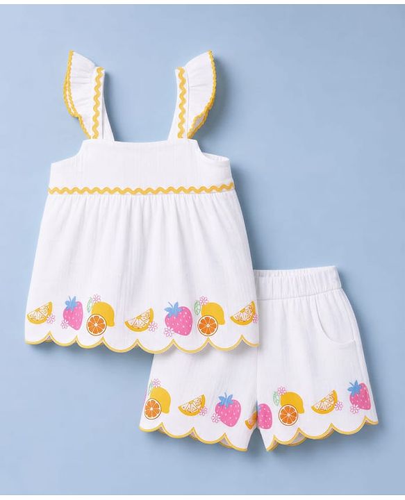 Babyhug Cotton Woven Sleeveless Tropical Theme & Floral Printed Top & Shorts Set - White