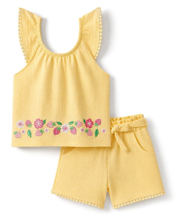 Babyhug 100% Cotton Single Jersey Knit Sleeveless Floral & Tropical Theme Embroidered Top & Shorts Set - Orange