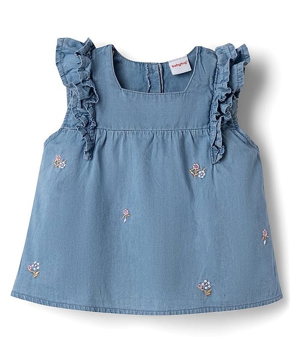Babyhug Denim Knit Sleeveless Floral Embroidered Top & Leggings Set - Blue