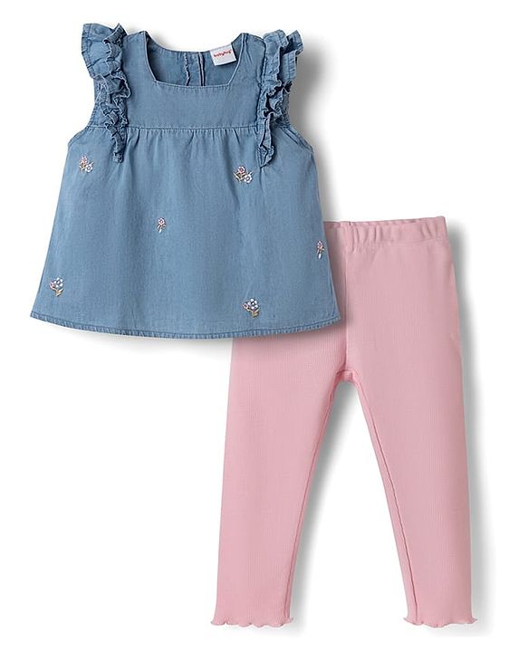 Babyhug Denim Knit Sleeveless Floral Embroidered Top & Leggings Set - Blue