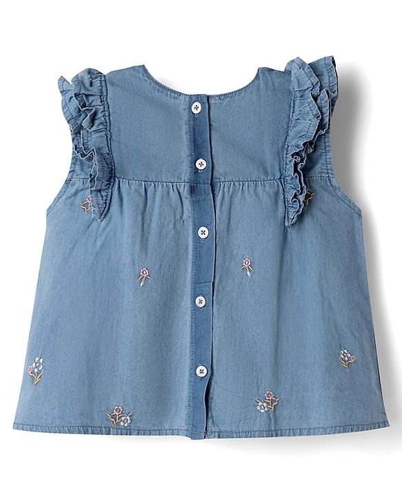 Babyhug Denim Knit Sleeveless Floral Embroidered Top & Leggings Set - Blue