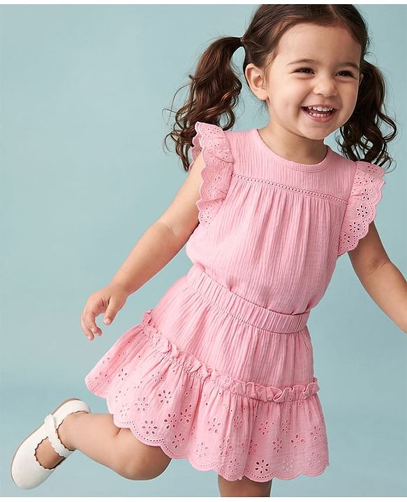 Babyhug Cotton Woven Frill Sleeves Schiffili Top & Skirt Set - Pink