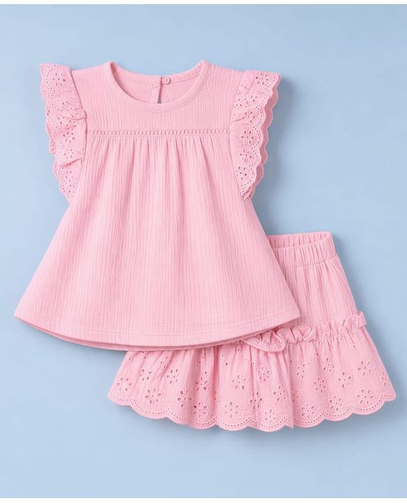 Babyhug Cotton Woven Frill Sleeves Schiffili Top & Skirt Set - Pink