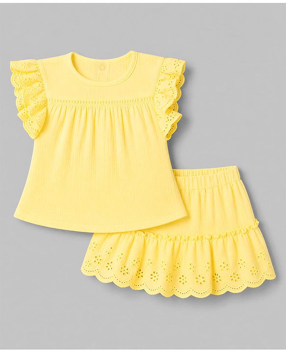 Babyhug Cotton Woven Sleeveless Solid Textured Top & Skirt Set - Yellow
