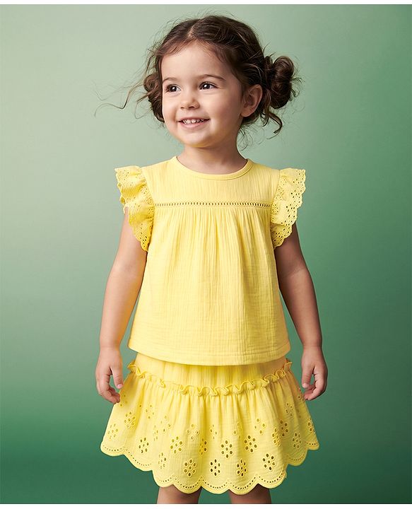 Babyhug Cotton Woven Sleeveless Solid Textured Top & Skirt Set - Yellow