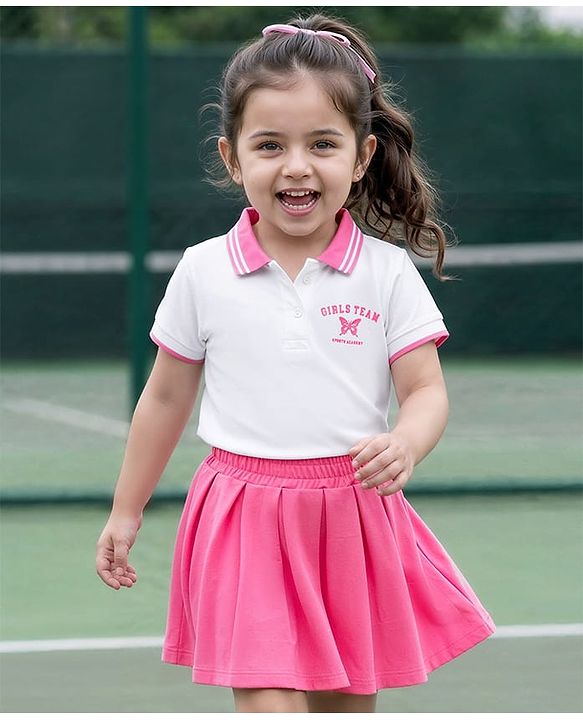 Babyhug Single Jersey Knit Half Sleeves Top & Skirt Set with Butterfly Print - White & Pink