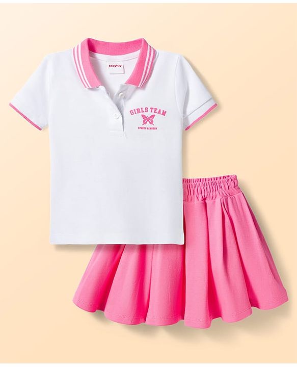 Babyhug Single Jersey Knit Half Sleeves Top & Skirt Set with Butterfly Print - White & Pink