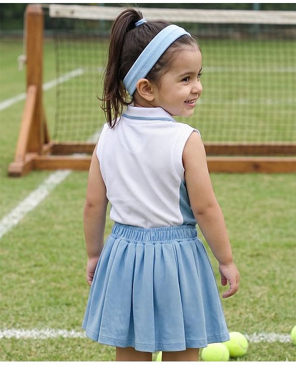 Babyhug Single Jersey Knit Sleeveless Top & Skirt Set With Heart Print - White & Blue