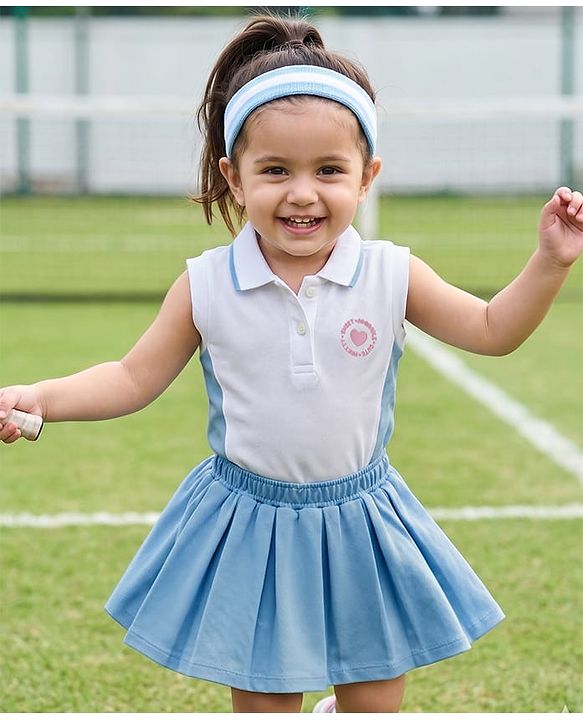 Babyhug Single Jersey Knit Sleeveless Top & Skirt Set With Heart Print - White & Blue