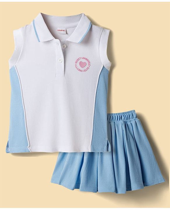 Babyhug Single Jersey Knit Sleeveless Top & Skirt Set With Heart Print - White & Blue