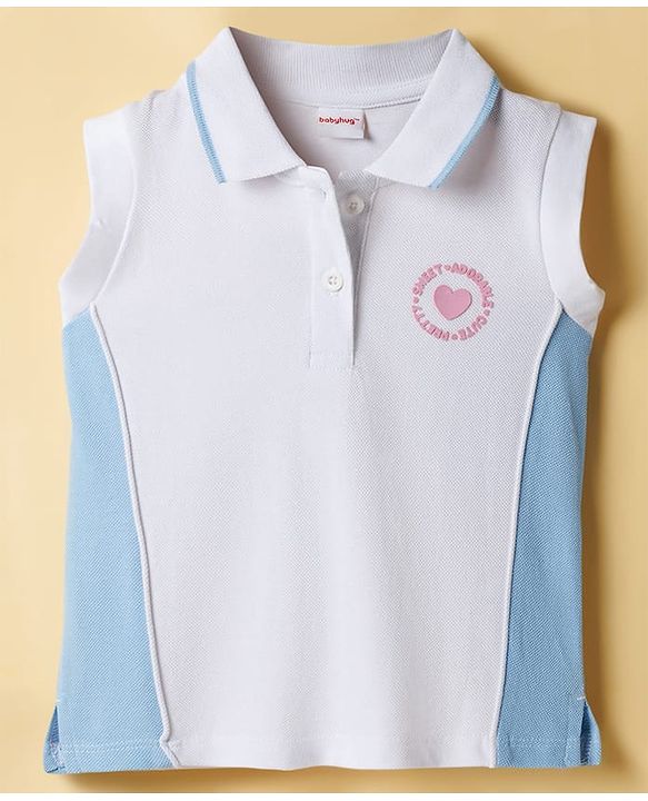 Babyhug Single Jersey Knit Sleeveless Top & Skirt Set With Heart Print - White & Blue